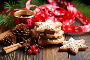 Kerstmis koekjes met feestelijk decoratie. generatief ai. foto