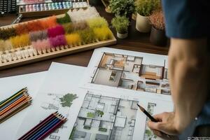 top visie van architecten handen tekening van modern huis met materiaal monster Aan creatief bureau. generatief ai. foto