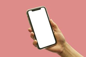 een hand- houdt mobiel telefoon met leeg scherm foto