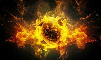 radioactief een intens geel vuurbol straalt uit tegen een strak zwart achtergrond. gemaakt door ai foto