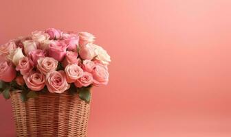 een boeket van roze rozen in een rietje mand Aan een pastel achtergrond gemaakt door ai foto