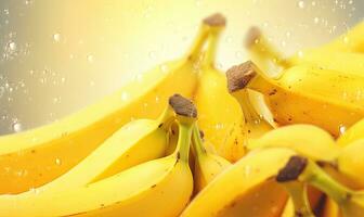 rijp bundel bananen met glinsterend druppels Aan een levendig geel achtergrond. gemaakt door ai foto