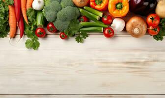 top visie groenten Aan licht hout achtergrond. kopiëren ruimte. vegetarisch biologisch voedsel spandoek. gemaakt door ai gereedschap foto