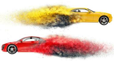 geel en rood snel sport- auto's uiteenvalt in stof foto
