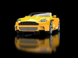geel sport- auto converteerbaar Aan zwart reflecterende achtergrond foto