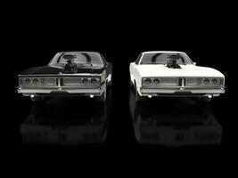 zwart en wit spier auto's Aan zwart reflecterende achtergrond foto