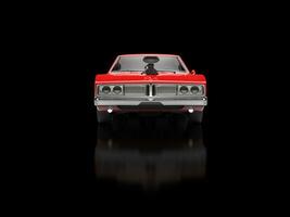 wijnoogst rood spier auto - voorkant visie - geïsoleerd Aan zwart reflecterende achtergrond foto