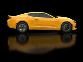 geweldig zon geel spier auto Aan zwart achtergrond - kant visie - 3d illustratie foto