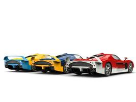 opvallend concept sport- auto's in rood, blauw en geel kleuren - achterzijde einde visie foto