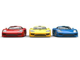 rood, geel en blauw concept super sport- auto's - voorkant visie foto