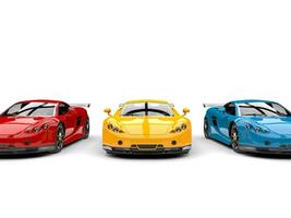 modern super sport- auto's in primair kleuren - rood, geel en blauw - voorkant visie foto