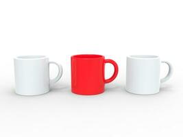 drie koffie mokken, twee wit en rood in de midden- - 3d illustratie foto