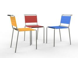 drie kleurrijk stoelen - geïsoleerd Aan wit achtergrond - studio schot 3d geven foto