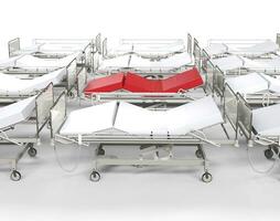 rij van ziekenhuis wit bedden - rood staat uit foto
