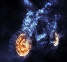 sport- motorfiets gemaakt uit van blauw en oranje rook - illustratie foto