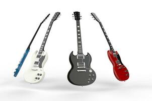 vier elektrisch gitaren allemaal verschillend kleuren. foto
