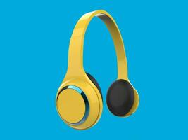modern geel slank draadloze hoofdtelefoons met blauw metalen details - kant visie foto