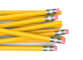 eenvoudig geel potloden met gummen Aan de terug einde - top naar beneden visie foto
