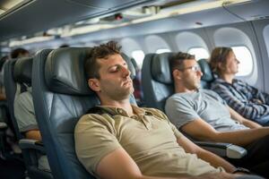 passagiers ontspannende in hun stoelen of slapen gedurende de reis foto