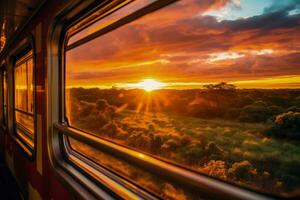 zonsondergang of zonsopkomst keer bekeken van een in beweging trein foto