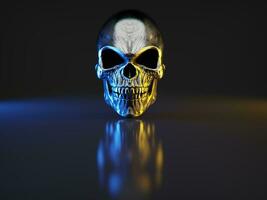 zwaar metaal schedel Aan reflecterende grond - blauw en geel verlichting foto