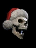 lachend schedel vervelend een rood de kerstman hoed met wit vacht foto