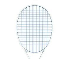 wit tennis racket met blauw strings geïsoleerd Aan wit foto