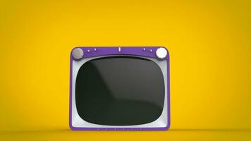 Purper retro stijl TV reeks Aan geel achtergrond - voorkant visie foto