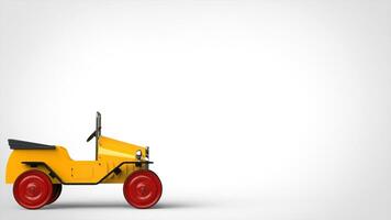 geel wijnoogst speelgoed- auto met rood wielen - kant visie foto