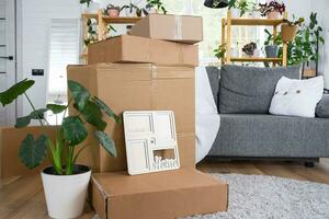 dozen met dingen voor in beweging en huis planten zijn in de kamer van de nieuw huis. housewarming, familie eigendom, lading vervoer en levering van dingen foto