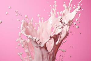 spatten van melk Aan een roze achtergrond. ai-gegenereerd foto