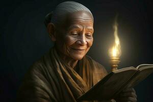 glimlachen vrouw monnik lezing boek. genereren ai foto