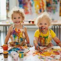 ai generatief schattig kinderen lachend samen en hebben pret met verven. geschilderd in huid handen. kind portret. creatief concept. dichtbij omhoog foto