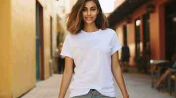 bella canvas wit t - overhemd met de vrouw gewoontjes model, ai gegenereerd foto