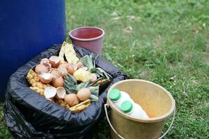 voedsel krassen en uitrusting voor aan het doen compost, rot keuken kladjes met fruit, groenten vuilnis verspilling in zwart plastic zak naar maken compost kunstmest voor gebruik makend van in landbouw. verspilling beheer. foto