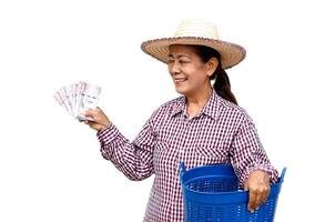 gelukkig senior vrouw boer draagt hoed, plaid shirt, houdt Thais bankbiljetten geld en blauw mand, geïsoleerd Aan wit achtergrond. concept, boer gelukkig naar krijgen winst, inkomen van aan het doen landbouw. foto