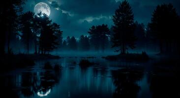 spookachtig blauw afgezwakt halloween nacht met vol maan en griezelig bomen in de bossen, ai gegenereerd foto