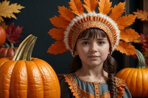 dankzegging viering met meisje vervelend kalkoen veren hoofdtooi met pompoenen in de omgeving van en oranje en bruin kleuren in foto, ai gegenereerd foto