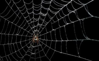 ingewikkeld zwart en wit spin web dichtbij omhoog Aan donker achtergrond, ai gegenereerd foto