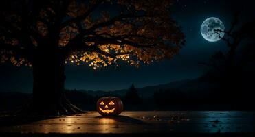 spookachtig halloween nacht met een gesneden oranje pompoen Aan een tafel en een vol maan in de achtergrond, ai gegenereerd foto