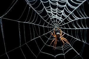 halloween oranje spin Aan wit web in spookachtig zwart achtergrond, ai gegenereerd foto