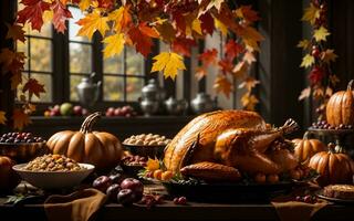warm herfst- dankzegging feest met kalkoen, pompoenen, en bladeren, ai gegenereerd foto
