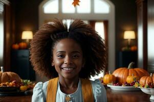 vallen themed keuken met pompoenen, herfst decoraties, en een glimlachen zwart meisje, ai gegenereerd foto