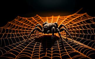 griezelig oranje en zwart spin web in de donker, ai gegenereerd foto