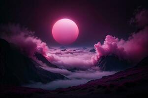 levendig roze maan over- surrealistische berg landschap, ai gegenereerd foto