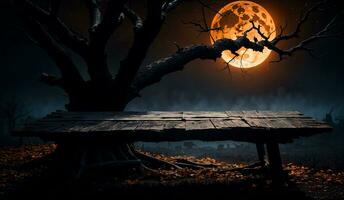spookachtig halloween tafel Scherm met gedraaid boom, vol maan, en oranje en zwart kleur schema, ai gegenereerd foto