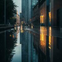 een regenachtig weg en reflectie van gebouw ai gegenereerd foto