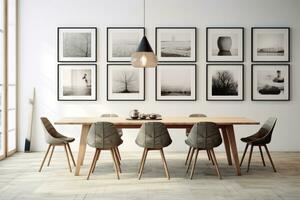 de interieur van een modern keuken en leven kamer met een dining tafel en kaders Aan de muur. ai gegenereerd foto