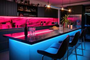 modern keuken met een bar teller en neon verlichting. ai-gegenereerd foto