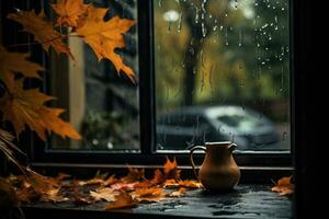takken met geel herfst bladeren in een vaas in de buurt de venster. ai-gegenereerd foto